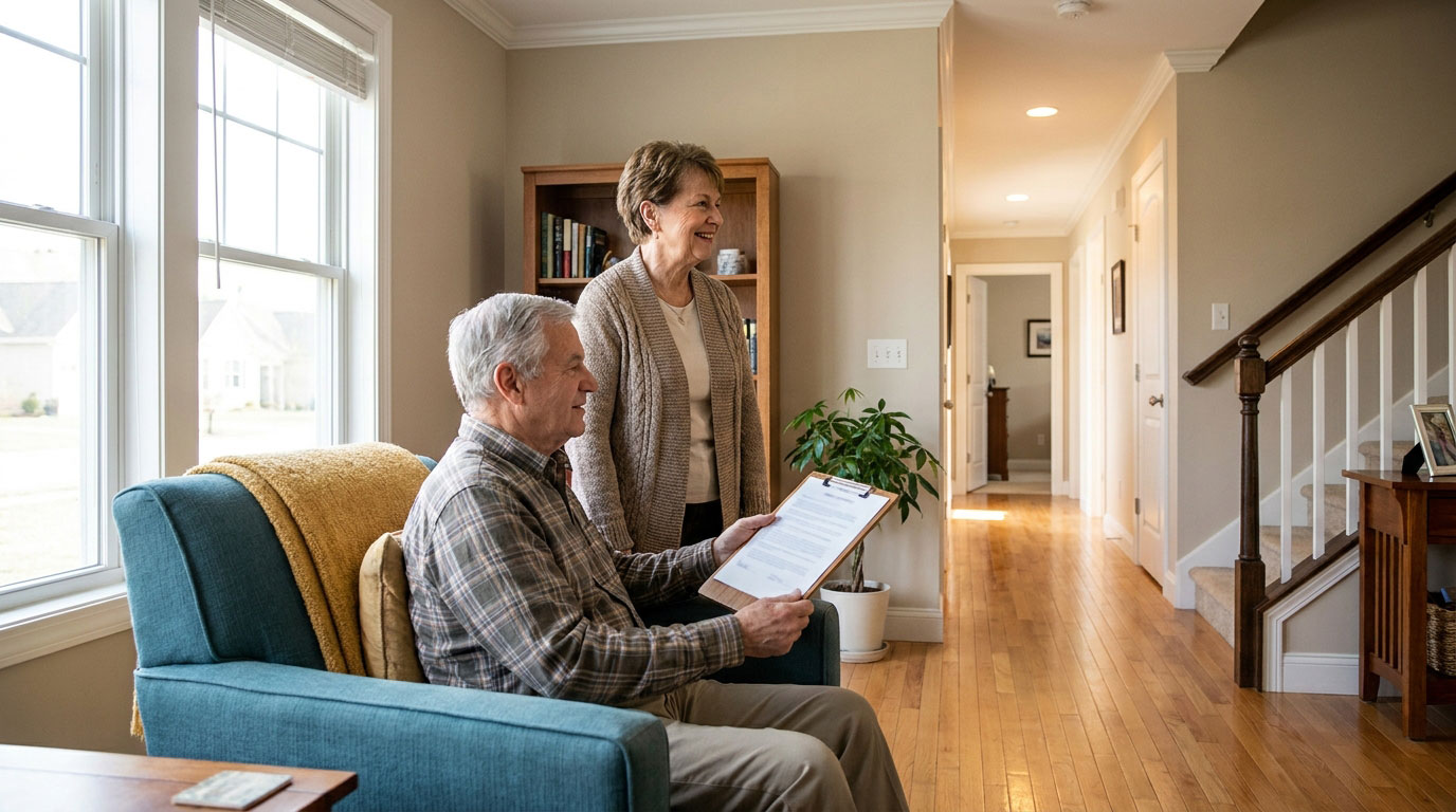 Older couple reviewing a home safety checklist in a bright living room with clear walking paths.