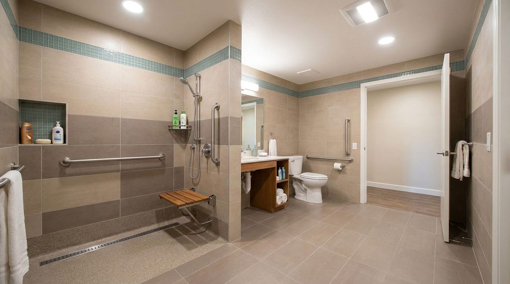 Accessible bathroom with grab bars, a shower seat, and slip-resistant surfaces for older adults.