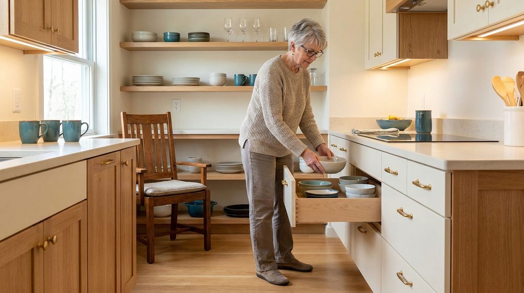 Older woman organizing dishes within easy reach in a well-lit kitchen with clear floors.